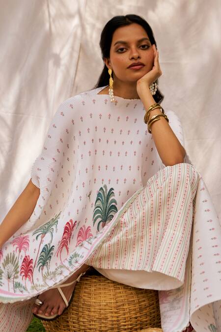 Shop_Moh India_Ivory Polyester Round Neck Pleated Long Kaftan Cape _Online_at_Aza_Fashions