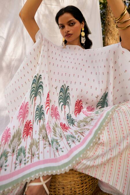 Moh India_Ivory Polyester Round Neck Pleated Long Kaftan Cape _at_Aza_Fashions