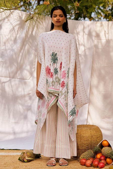 Shop_Moh India_Ivory Polyester Round Neck Pleated Long Kaftan Cape _at_Aza_Fashions