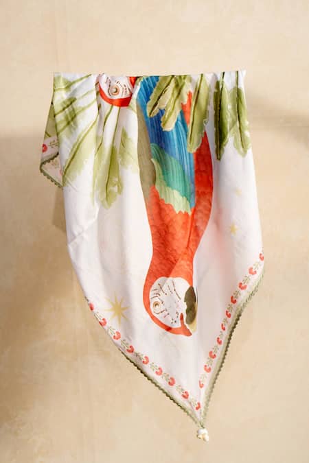Shop_Moh India_Ivory Tassels Chanderi Silk Scarf  _at_Aza_Fashions