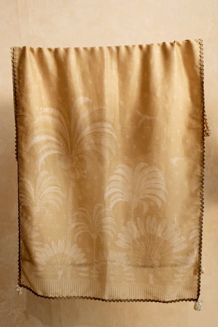 Shop_Moh India_Beige Tassels Lace Edged Chanderi Scarf _at_Aza_Fashions