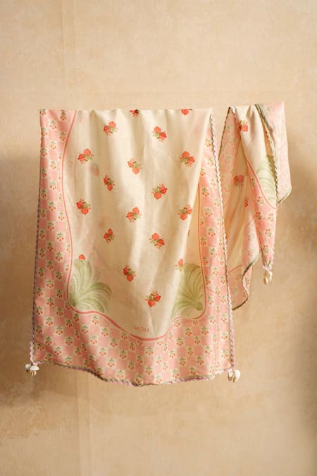 Shop_Moh India_Ivory Tassels Lace Edged Chanderi Scarf _at_Aza_Fashions