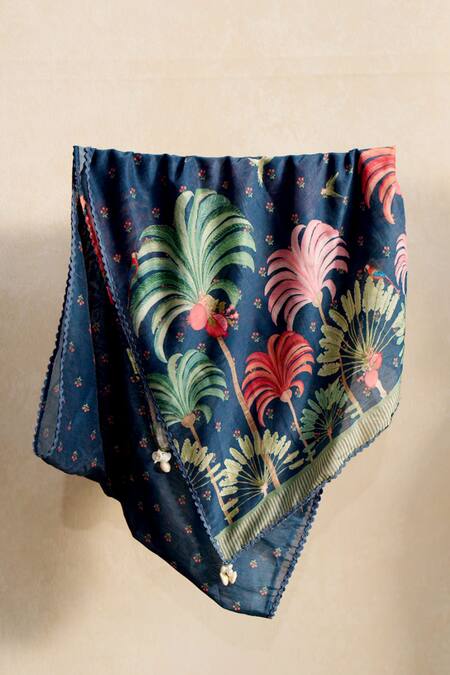 Moh India Navy Tassels Midnight Floral Chanderi Scarf Online at Aza Fashions Moh India_Navy Tassels Midnight Floral Chanderi Scarf _Online_at_Aza_Fashions