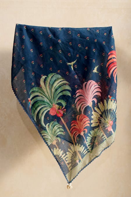 Shop Moh India Navy Tassels Midnight Floral Chanderi Scarf at Aza Fashions Shop_Moh India_Navy Tassels Midnight Floral Chanderi Scarf _at_Aza_Fashions