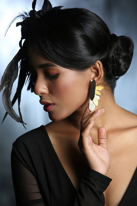 Zaza By Somya_Black Contemporary Gold Plated Earrings _Online_at_Aza_Fashions