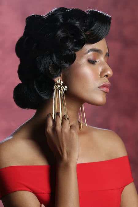 Shop_Zaza By Somya_Gold Plated Long Designer Earrings _at_Aza_Fashions
