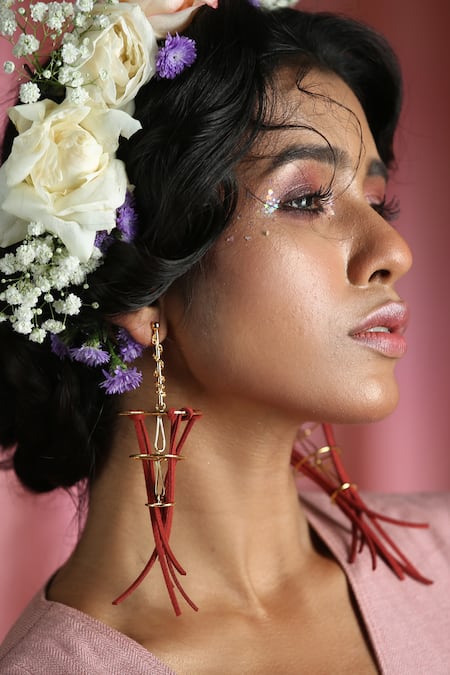 Zaza By Somya_Red Contemporary Long Dangling Earrings _Online_at_Aza_Fashions