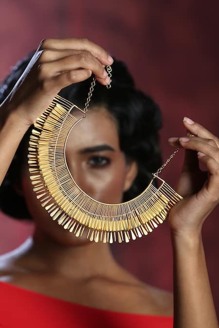 Zaza By Somya_Gold Plated Contemporary Brass Neck Piece _at_Aza_Fashions