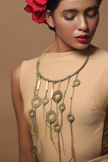 Buy_Zaza By Somya_Olive Green Contemporary Long Neck Piece _Online_at_Aza_Fashions
