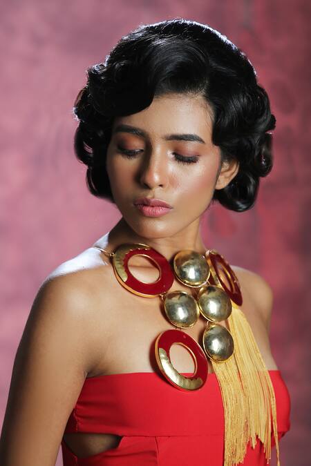 Zaza By Somya_Red Contemporary Brass Choker Neck Piece _Online_at_Aza_Fashions