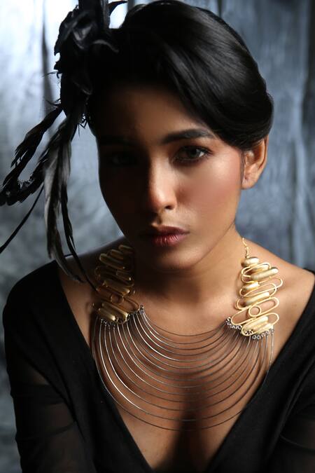 Shop_Zaza By Somya_Black Contemporary Brass Neck Piece _at_Aza_Fashions