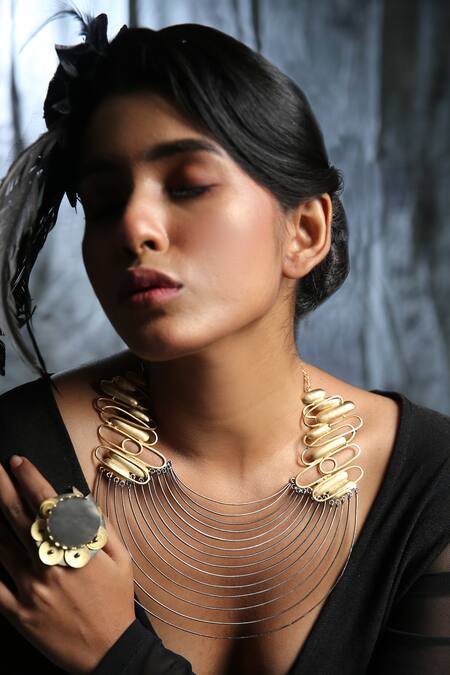 Zaza By Somya_Black Contemporary Brass Neck Piece _Online_at_Aza_Fashions