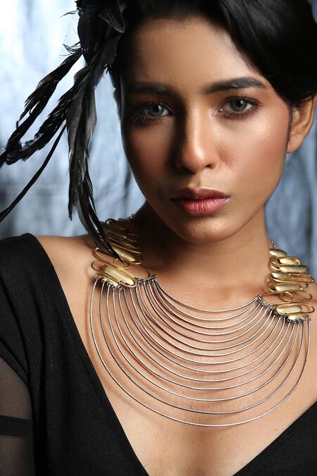 Shop_Zaza By Somya_Black Contemporary Brass Neck Piece _Online_at_Aza_Fashions