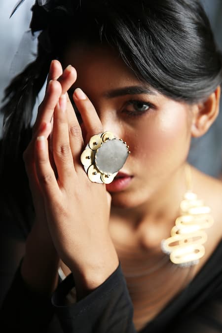 Shop_Zaza By Somya_Black Stones Designer And Gold Ring _at_Aza_Fashions