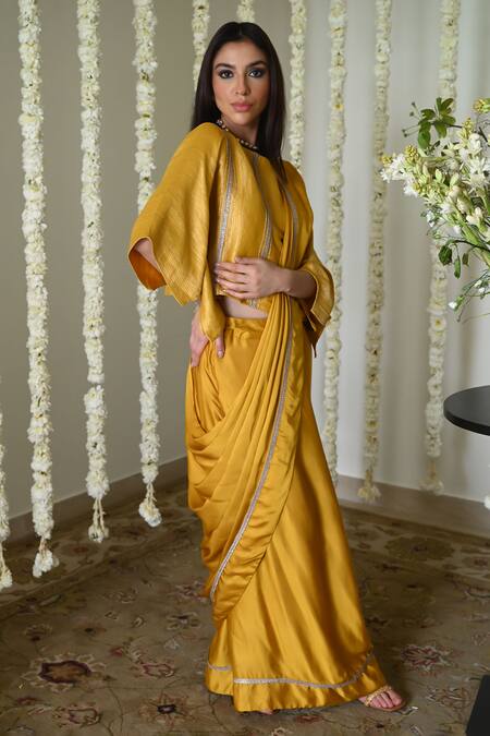 Buy_Shorshe Clothing_Yellow Satin, Silk, Georgette, Brocade Lace Round Neck Elegant Modal Saree Set _Online_at_Aza_Fashions