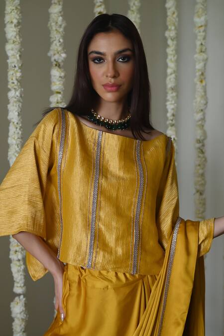 Shop_Shorshe Clothing_Yellow Satin, Silk, Georgette, Brocade Lace Round Neck Elegant Modal Saree Set _Online_at_Aza_Fashions