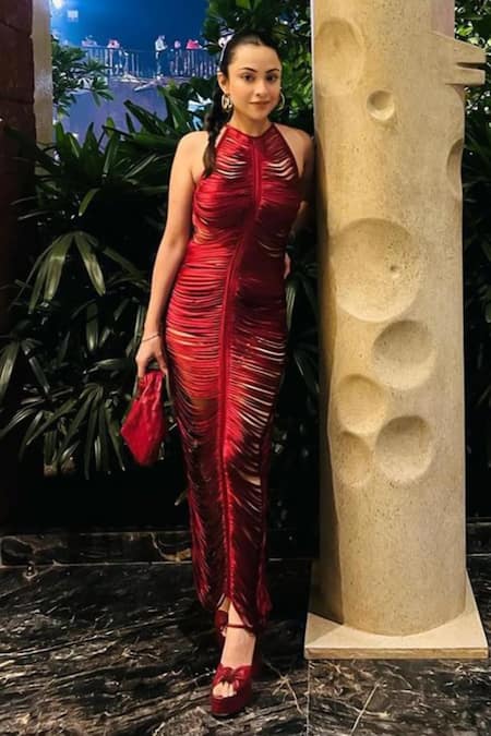 Antithesis India Red Satin, Lycra Halter , High Striped Midi Dress Set Online at Aza Fashions Antithesis India_Red Satin, Lycra Halter , High Striped Midi Dress Set _Online_at_Aza_Fashions