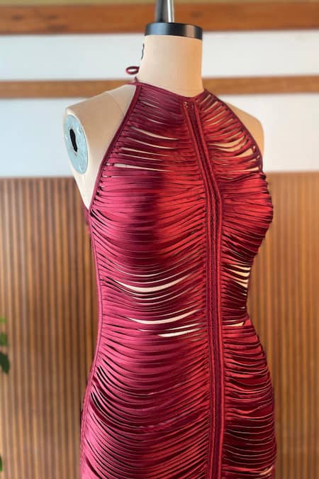 Shop Antithesis India Red Satin, Lycra Halter , High Striped Midi Dress Set Online at Aza Fashions Shop_Antithesis India_Red Satin, Lycra Halter , High Striped Midi Dress Set _Online_at_Aza_Fashions