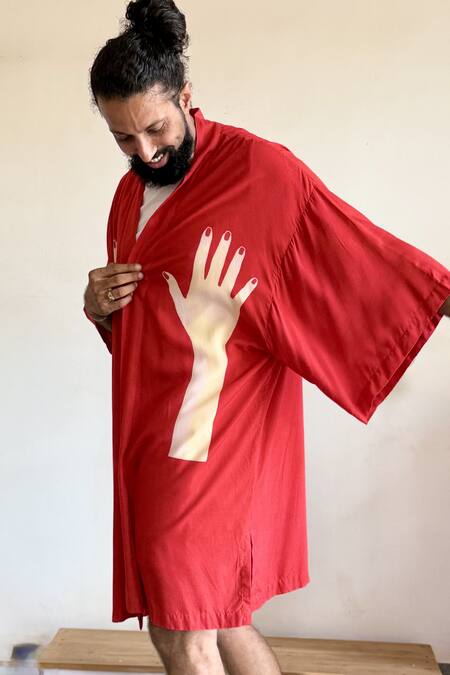 Aliaum_Red Rayon Geisha Print Handcrafted Kimono _Online_at_Aza_Fashions