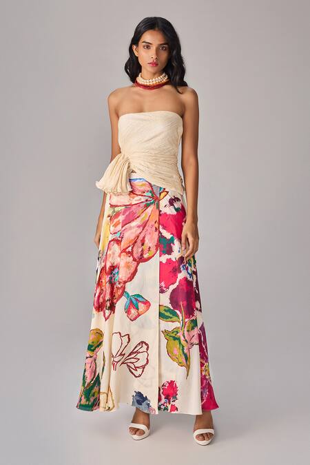 Buy_Saaksha & Kinni_Multi Color Crepe Floral Print Asymmetric Skirt 