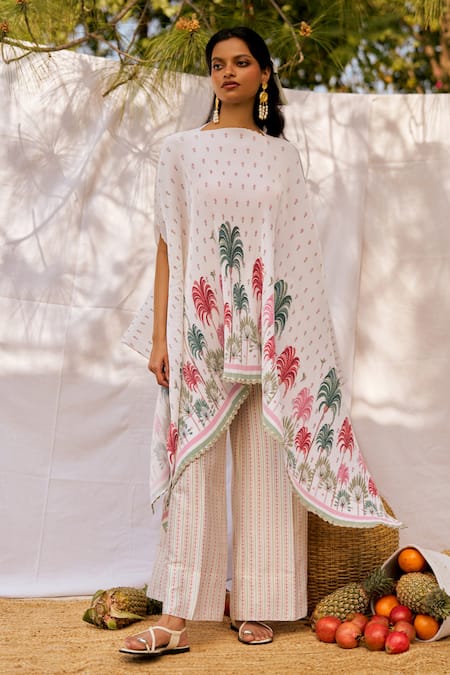 Shop_Moh India_Ivory Chanderi Pomme Sauvage Vanille Kimono Cape And Trouser Set _at_Aza_Fashions