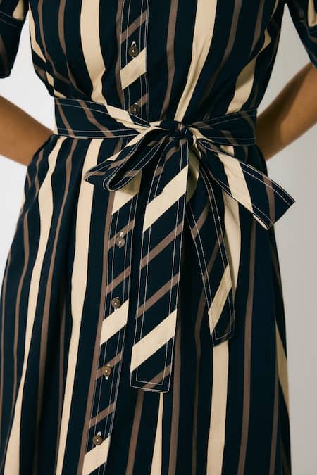 Koai Blue Cotton Collared Striped Midi Dress With Belt Online at Aza Fashions Koai_Blue Cotton Collared Striped Midi Dress With Belt _Online_at_Aza_Fashions