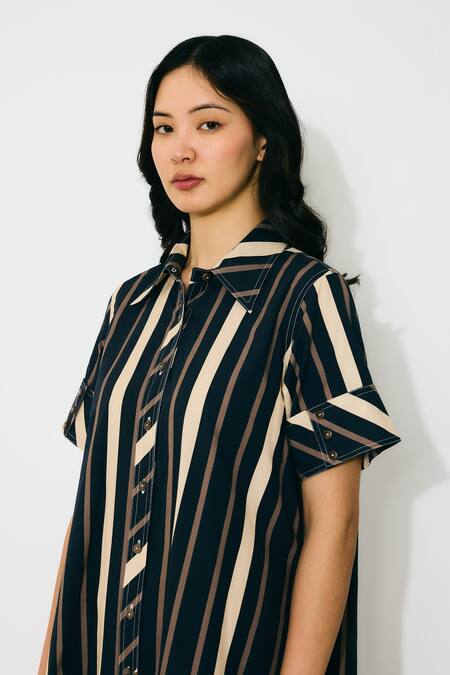 Buy Koai Blue Cotton Collared Striped Midi Dress With Belt Online at Aza Fashions Buy_Koai_Blue Cotton Collared Striped Midi Dress With Belt _Online_at_Aza_Fashions