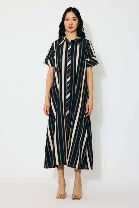 Shop Koai Blue Cotton Collared Striped Midi Dress With Belt Online at Aza Fashions Shop_Koai_Blue Cotton Collared Striped Midi Dress With Belt _Online_at_Aza_Fashions