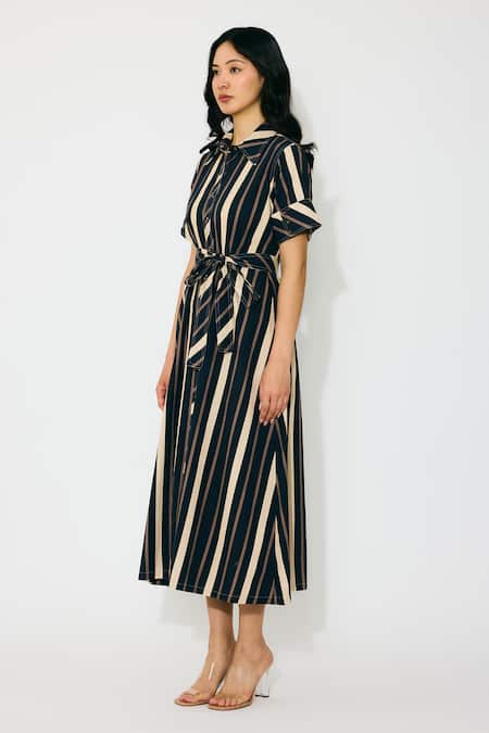 Koai Blue Cotton Collared Striped Midi Dress With Belt at Aza Fashions Koai_Blue Cotton Collared Striped Midi Dress With Belt _at_Aza_Fashions