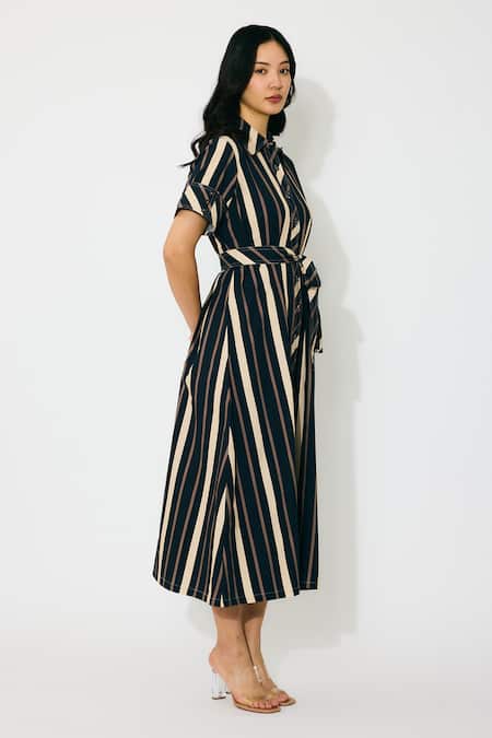 Buy Koai Blue Cotton Collared Striped Midi Dress With Belt Buy_Koai_Blue Cotton Collared Striped Midi Dress With Belt