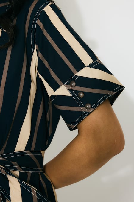 Shop Koai Blue Cotton Collared Striped Midi Dress With Belt Shop_Koai_Blue Cotton Collared Striped Midi Dress With Belt