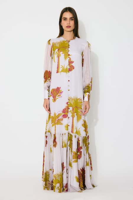 Buy_Koai_Beige Chiffon Round Neck Floral Maxi Dress With Belt _Online_at_Aza_Fashions
