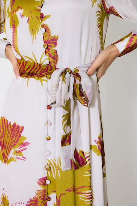 Koai_Beige Chiffon Round Neck Floral Maxi Dress With Belt _at_Aza_Fashions