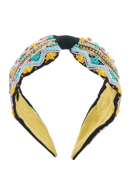 Shop_Nazaakat By Samara Singh_Black Beads, Embroidery Hand Colorful Hairband _Online_at_Aza_Fashions