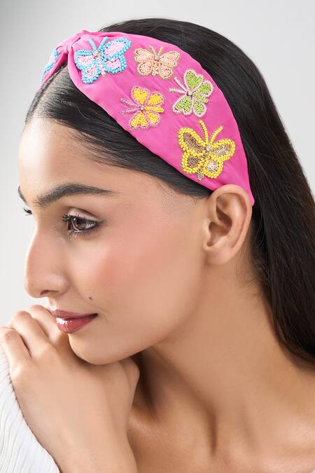 Shop_Nazaakat By Samara Singh_Pink Embroidery Butterfly Hand Hairband _Online_at_Aza_Fashions