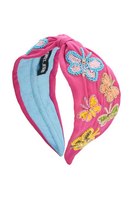 Nazaakat By Samara Singh_Pink Embroidery Butterfly Hand Hairband _at_Aza_Fashions