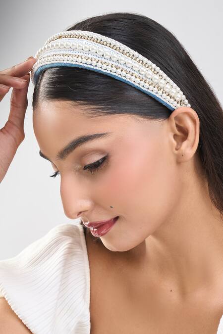Buy_Nazaakat By Samara Singh_White Beads Moti Design Hand Embroidered Hairband _Online_at_Aza_Fashions