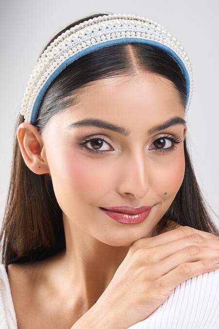 Nazaakat By Samara Singh_White Beads Moti Design Hand Embroidered Hairband _at_Aza_Fashions