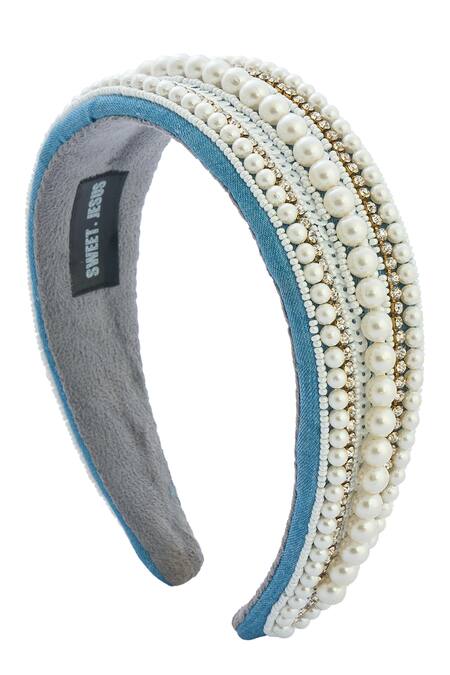 Buy_Nazaakat By Samara Singh_White Beads Moti Design Hand Embroidered Hairband 