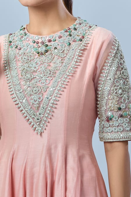 Buy Bhumika Sharma Pink Embroidery Round Neck Floral Yoke Anarkali And Pant Set Online at Aza Fashions Buy_Bhumika Sharma_Pink Embroidery Round Neck Floral Yoke Anarkali And Pant Set _Online_at_Aza_Fashions