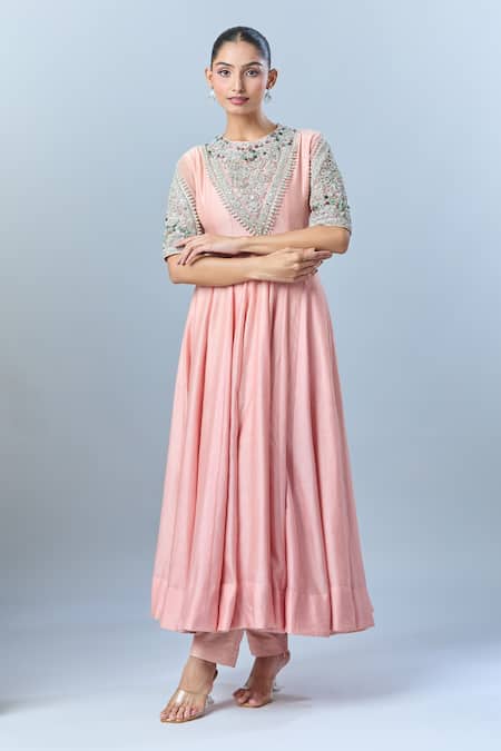 Shop Bhumika Sharma Pink Embroidery Round Neck Floral Yoke Anarkali And Pant Set Online at Aza Fashions Shop_Bhumika Sharma_Pink Embroidery Round Neck Floral Yoke Anarkali And Pant Set _Online_at_Aza_Fashions