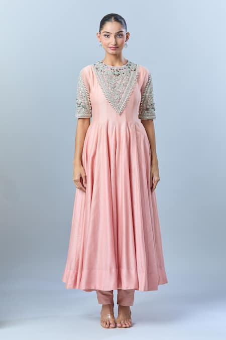 Buy Bhumika Sharma Pink Embroidery Round Neck Floral Yoke Anarkali And Pant Set Buy_Bhumika Sharma_Pink Embroidery Round Neck Floral Yoke Anarkali And Pant Set