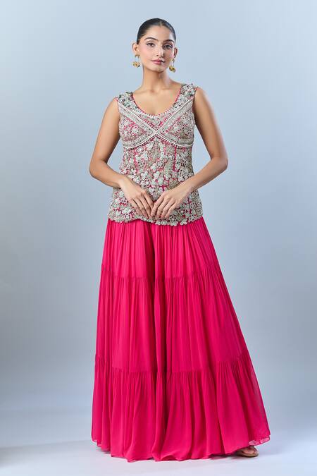 Buy_Bhumika Sharma_Fuchsia Embroidery Round Neck Floral Kurta Set _Online_at_Aza_Fashions