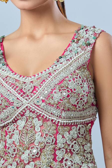 Buy_Bhumika Sharma_Fuchsia Embroidery Round Neck Floral Kurta Set 