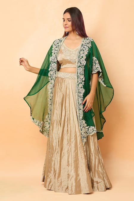 Prisho_Beige Tissue Sequins, Pearls, Gota Patti V-neck Embroidered Cape Lehenga Set _Online_at_Aza_Fashions