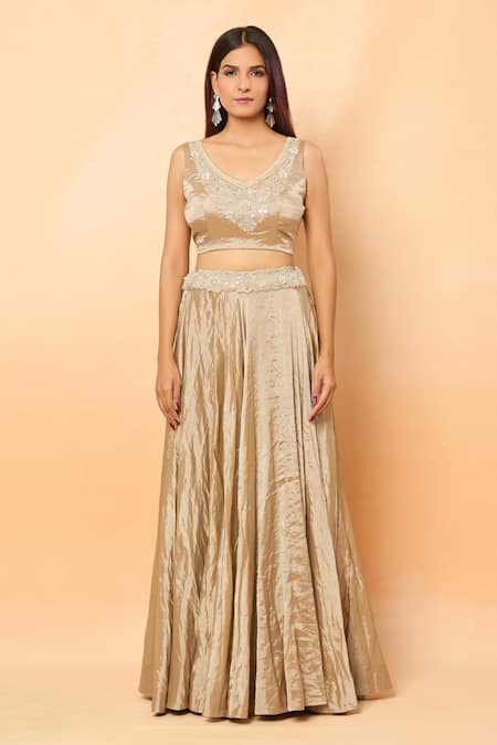 Prisho_Beige Tissue Sequins, Pearls, Gota Patti V-neck Embroidered Cape Lehenga Set _at_Aza_Fashions