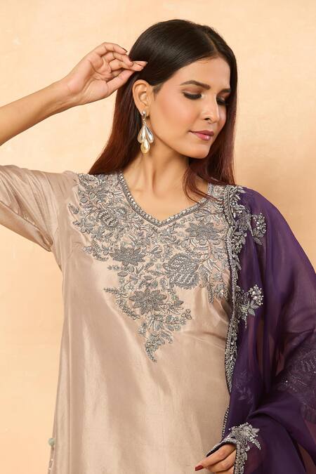 Prisho Beige Silk Embroidery, Zari, Pearls Asymmetric Floral Vine Kurta Set Online at Aza Fashions Prisho_Beige Silk Embroidery, Zari, Pearls Asymmetric Floral Vine Kurta Set _Online_at_Aza_Fashions