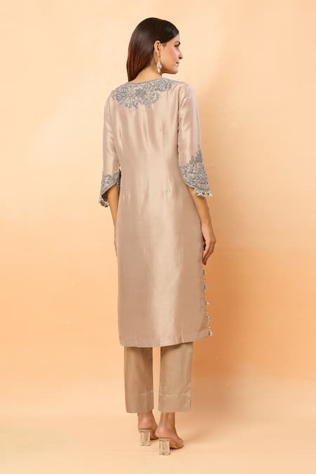 Shop Prisho Beige Silk Embroidery, Zari, Pearls Asymmetric Floral Vine Kurta Set at Aza Fashions Shop_Prisho_Beige Silk Embroidery, Zari, Pearls Asymmetric Floral Vine Kurta Set _at_Aza_Fashions