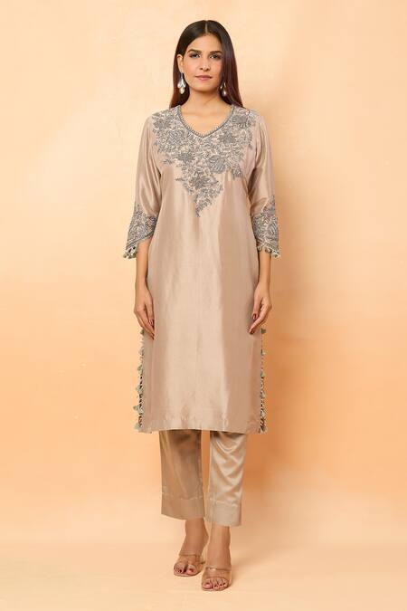 Shop Prisho Beige Silk Embroidery, Zari, Pearls Asymmetric Floral Vine Kurta Set Online at Aza Fashions Shop_Prisho_Beige Silk Embroidery, Zari, Pearls Asymmetric Floral Vine Kurta Set _Online_at_Aza_Fashions