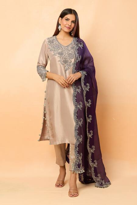 Prisho Beige Silk Embroidery, Zari, Pearls Asymmetric Floral Vine Kurta Set at Aza Fashions Prisho_Beige Silk Embroidery, Zari, Pearls Asymmetric Floral Vine Kurta Set _at_Aza_Fashions